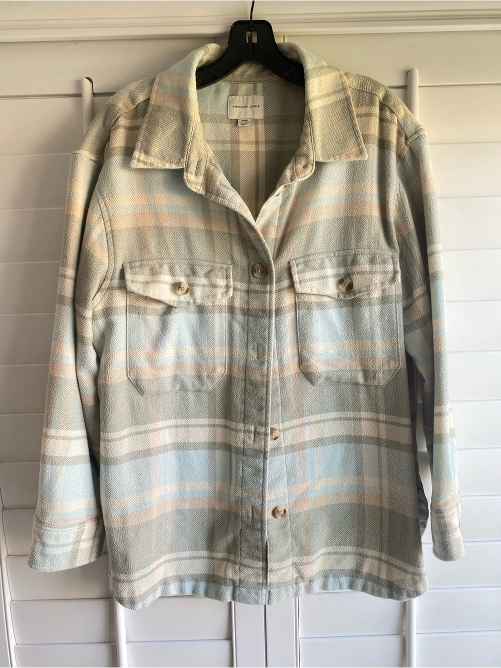 American Eagle Plaid Shacket Jacket Overshirt Blue Cream Button Front Medium
